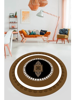 Evdeya Klasik Çerçeve Desen Yıkanabilir Kaymaz Yolluk Mutfak Yuvarlak Salon Halısı, Y-Çerçeveli-23-Kahve,