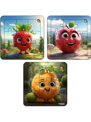 Çocuklar Için  Sevimli Meyveler Ahşap Renkli Yapboz 13X13 Ebadında Puzzle 9 Parça 3'lü Set 312