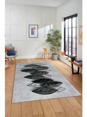 Evdeya Dijital Kaymaz Taban Yıkanabilir Yaprak Desenli Yolluk Mutfak Salon Halısı Modern-08-Gri