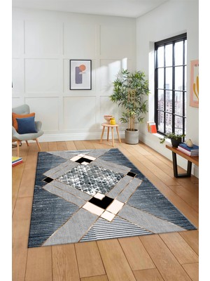 Evdeya Şık Tasarım Modern Desenli Dijital Kaymaz Yıkanabilir Yolluk Mutfak Salon Halısı Modern-12-Mavi