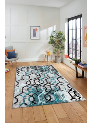 Evdeya Dijital Baskılı Kaymaz Taban Yıkanabilir Şık Modern Yolluk Mutfak Salon Halısı Modern-03-Mavi