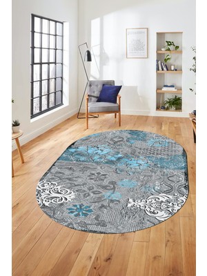 Evdeya Çiçekli Modern Dijital Kaymaz Yıkanabilir Oval Yolluk Mutfak Salon Halısı O-Modern-15-Mavi