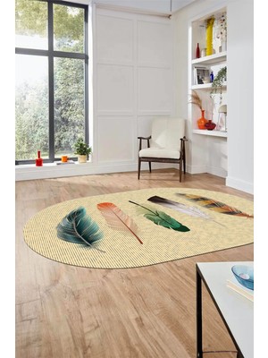 Evdeya Yaprak Desen Baskılı Kaymaz Taban Yıkanabilir Modern Oval Yolluk Salon Halısı O-MODERN-114-KREM