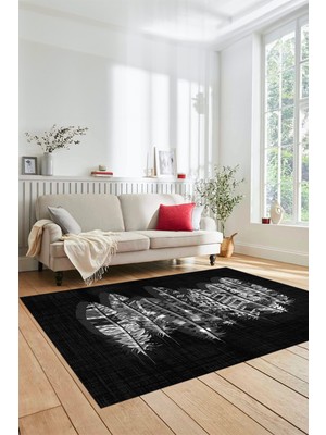 Evdeya Baskılı Kaymaz Yıkanabilir Modern Yaprak Desen Yolluk Salon Halısı Modern-50-Antrasit