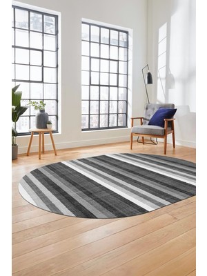 Evdeya Modern Kilim Desen Dijital Kaymaz Yıkanabilir Oval Yolluk Mutfak Salon Halısı O-Modern-25-Gri