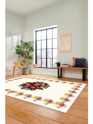 Evdeya Modern Çiçek Desenli Dijital Kaymaz Yıkanabilir Yolluk Mutfak Salon Halısı Modern-20-Krem