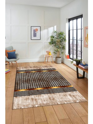 Evdeya Dijital Ince Kaymaz Taban Yıkanabilir Sade Modern Yolluk Mutfak Salon Halısı Modern-10-Kahve