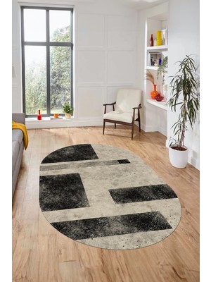 Evdeya Baskılı Kaymaz Taban Yıkanabilir Modern Oval Yolluk Mutfak Salon Halısı O-Modern-93-Antrasit