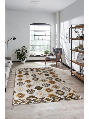 Evdeya Etnik Baskılı Kaymaz Taban Yıkanabilir Modern Yolluk Salon Halısı Modern-99-Kahve