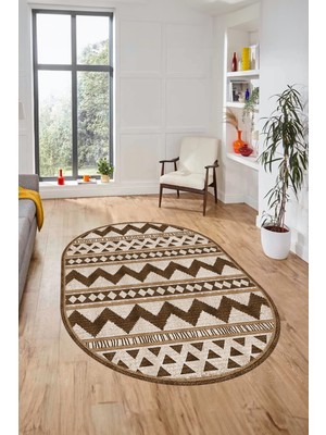 Evdeya Kilim Desen Baskılı Kaymaz Taban Yıkanabilir Modern Oval Yolluk Salon Halısı O-MODERN-105-KAHVE