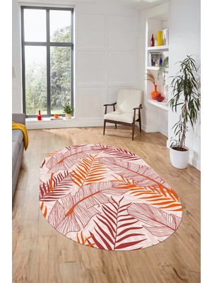 Evdeya Yapraklı Baskılı Kaymaz Taban Yıkanabilir Modern Oval Yolluk Salon Halısı O-Modern-98-Kırmızı