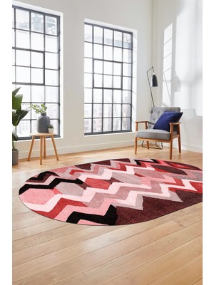 Evdeya Etnik Modern Desen Dijital Kaymaz Yıkanabilir Oval Yolluk Mutfak Salon Halısı O-Modern-24-Kırmızı
