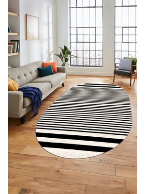 Evdeya Baskılı Kaymaz Yıkanabilir Sade Modern Oval Yolluk Mutfak Halısı Salon Halısı O-Modern-63-Siyah