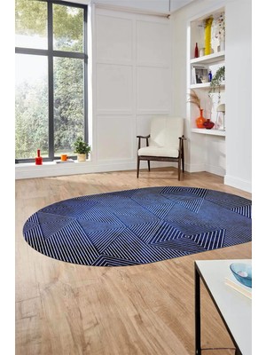 Evdeya Şık Desen Baskılı Kaymaz Taban Yıkanabilir Modern Oval Yolluk Salon Halısı O-MODERN-111-MAVİ