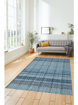 Evdeya Baskılı Kaymaz Yıkanabilir Şık Kilim Desen Yolluk Mutfak Halısı Salon Halısı Modern-70-Mavi