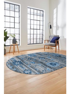 Evdeya Modern Etnik Desen Dijital Kaymaz Yıkanabilir Oval Yolluk Mutfak Salon Halısı O-Modern-30-Mavi