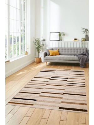 Evdeya Şık Sade Kilim Desenli Dijital Kaymaz Yıkanabilir Yolluk Mutfak Salon Halısı Modern-74-Kahve