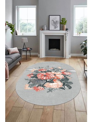 Evdeya 3D Modern Çiçek Desen Dijital Kaymaz Yıkanabilir Oval Yolluk Salon Halısı O-Modern-35-Gri
