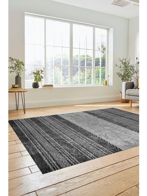 Evdeya Kilim Desen Özel Tasarım Dijital Kaymaz Yıkanabilir Yolluk Mutfak Salon Halısı Modern-83-Gri