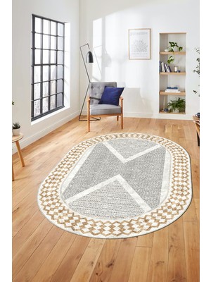 Evdeya Baskılı Ince Kaymaz Taban Yıkanabilir Modern Yolluk Mutfak Oval Salon Halısı O-Modern-07-Kahve