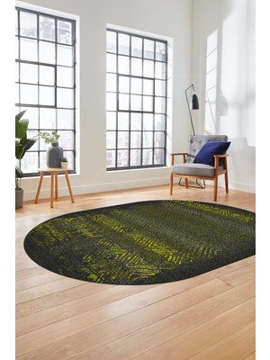 Evdeya Sade Modern Desen Dijital Kaymaz Yıkanabilir Oval Yolluk Mutfak Salon Halısı O-Modern-28-Sarı