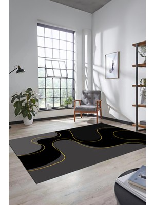 Evdeya Baskılı Kaymaz Taban Yıkanabilir Modern Yolluk Mutfak Salon Halısı MODERN-120-SİYAH