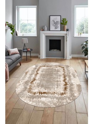 Evdeya Modern Sade Desenli Dijital Kaymaz Yıkanabilir Oval Yolluk Salon Halısı O-Modern-37-Kahve