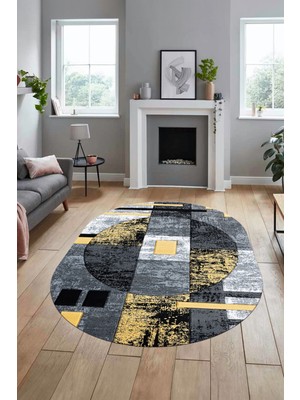 Evdeya Modern Göbekli Desen Dijital Kaymaz Yıkanabilir Oval Yolluk Mutfak Salon Halısı O-Modern-33-Sarı