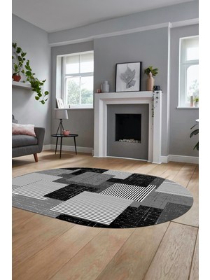 Evdeya Baskılı Kaymaz Yıkanabilir Oval Koridor Halısı Mutfak Halısı Salon Halısı O-Modern-47-Gri