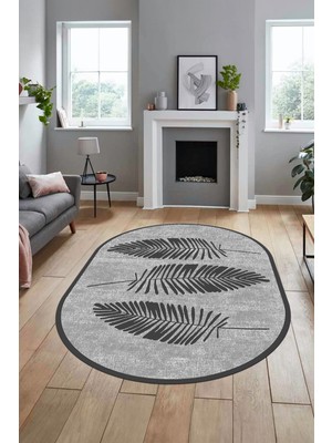 Evdeya Baskılı Kaymaz Yıkanabilir Modern Yaprak Desen Oval Yolluk Mutfak Salon Halısı O-Modern-41-Gri