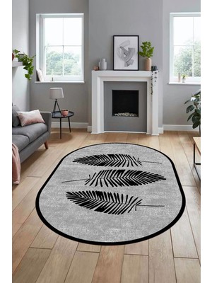 Evdeya Baskılı Kaymaz Yıkanabilir Modern Yaprak Desen Oval Yolluk Mutfak Salon Halısı O-Modern-41-Siyah