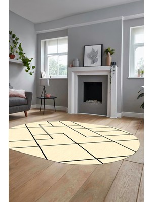 Evdeya Baskılı Kaymaz Yıkanabilir Çizgili Modern Oval Yolluk Halısı Salon Halısı O-Modern-58-Krem