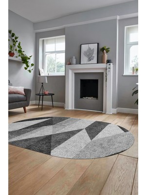 Evdeya Baskılı Kaymaz Yıkanabilir Modern Oval Koridor Halısı Mutfak Halısı Salon Halısı O-Modern-54-Gri