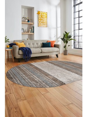 Evdeya Kilim Desen Özel Tasarım Dijital Kaymaz Yıkanabilir Oval Yolluk Salon Halısı O-Modern-83-Kahve
