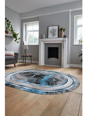 Evdeya Baskılı Kaymaz Yıkanabilir Modern Mermer Desen Oval Yolluk Salon Halısı O-Modern-46-Mavi