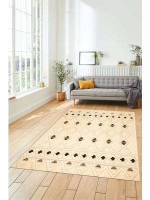 Evdeya Baskılı Kaymaz Yıkanabilir Şık Kilim Desen Yolluk Mutfak Halısı Salon Halısı Modern-65-Krem