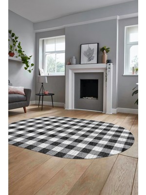 Evdeya Baskılı Kaymaz Yıkanabilir Modern Oval Koridor Halısı Halısı Salon Halısı O-Modern-55-Siyah