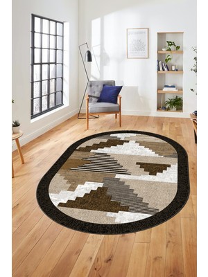 Evdeya Özel Modern Desenli Dijital Kaymaz Yıkanabilir Oval Yolluk Mutfak Salon Halısı O-Modern-11-Kahve