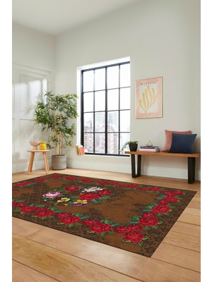 Evdeya Modern Çiçek Desenli Dijital Kaymaz Yıkanabilir Yolluk Mutfak Salon Halısı Modern-21-Kahve