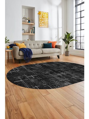 Evdeya Sade Desen Modern Dijital Kaymaz Yıkanabilir Oval Yolluk Mutfak Salon Halısı O-Modern-89-Siyah