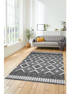 Evdeya 3D Dijital Kaymaz Yıkanabilir Şık Kilim Desen Yolluk Mutfak Halısı Salon Halısı Modern-69-Gri