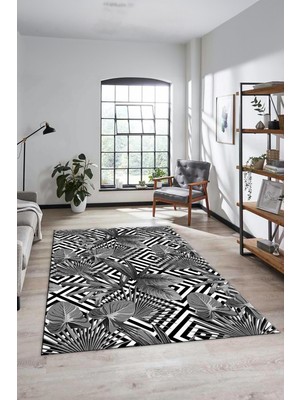 Evdeya Yaprak Desen Baskılı Kaymaz Taban Yıkanabilir Modern Yolluk Salon Halısı MODERN-100-GRİ