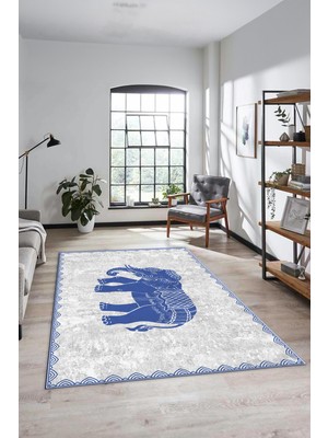 Evdeya Fil Desen Baskılı Kaymaz Taban Yıkanabilir Modern Yolluk Salon Halısı MODERN-101-MAVİ