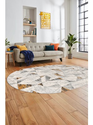 Evdeya Modern Desen Özel Tasarım Dijital Kaymaz Yıkanabilir Oval Yolluk Salon Halısı O-Modern-82-Kahve