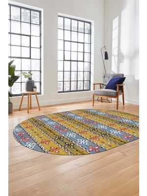 Evdeya Modern Etnik Dijital Kaymaz Yıkanabilir Oval Yolluk Mutfak Salon Halısı O-Modern-19-Renkli
