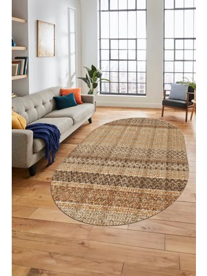 Evdeya Baskılı Kaymaz Yıkanabilir Şık Kilim Desen Oval Yolluk Halısı Salon Halısı O-Modern-70-Kahve