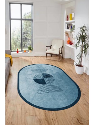 Evdeya Baskılı Kaymaz Taban Yıkanabilir Modern Oval Yolluk Mutfak Salon Halısı O-Modern-94-Mavi