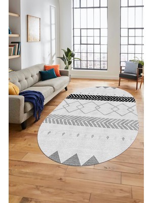 Evdeya Sade Modern Kilim Desenli Dijital Kaymaz Yıkanabilir Oval Yolluk Salon Halısı O-Modern-75-Gri