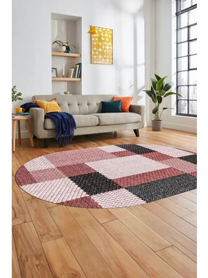 Evdeya 3D Renkli Modern Tasarım Dijital Kaymaz Yıkanabilir Oval Yolluk Salon Halısı O-Modern-77-Kırmızı