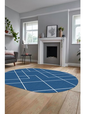 Evdeya Baskılı Kaymaz Yıkanabilir Çizgili Modern Oval Yolluk Halısı Salon Halısı O-Modern-58-Mavi